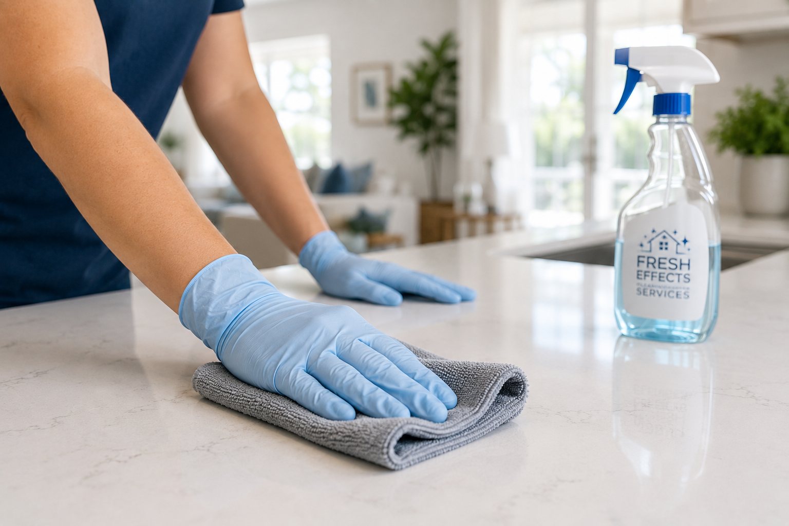 Careful countertop cleaning with a branded Fresh Effects spray bottle