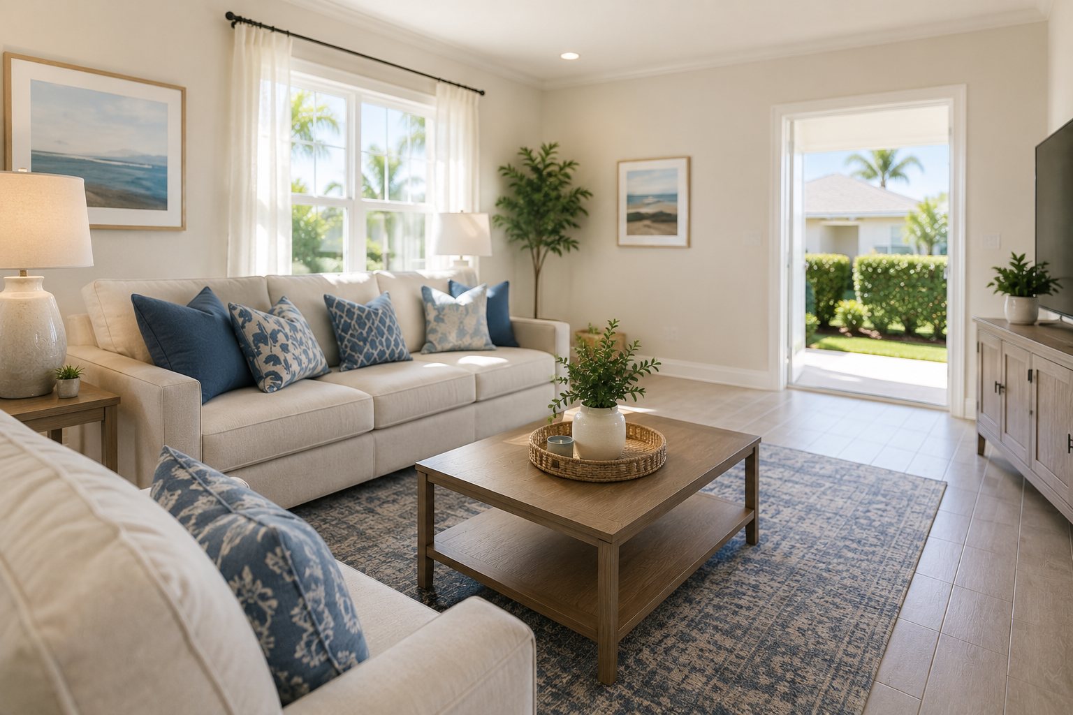 A bright coastal living room kept consistently clean