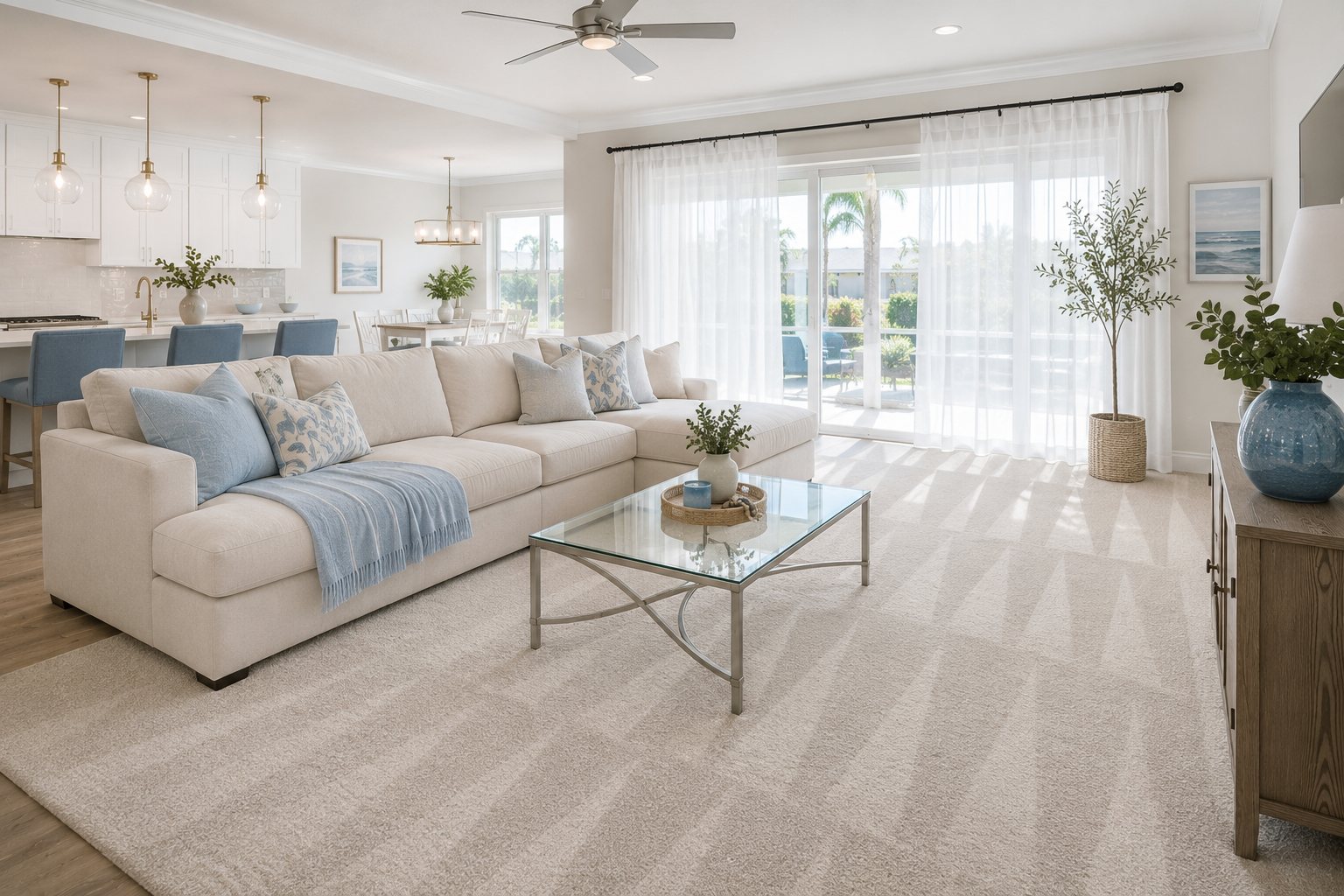 A freshly cleaned living room with vacuum lines in the carpet
